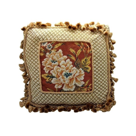 Vintage Floral Needlepoint Tapestry Throw Pillow With Tassel Trim Beige & Rust - Picture 1 of 10